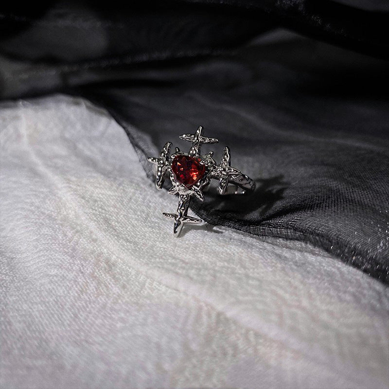 Wholesale  Retro Exaggerated Dark Cross Red Love Zircon Ring Finger Ring Opening Adjustable Ring